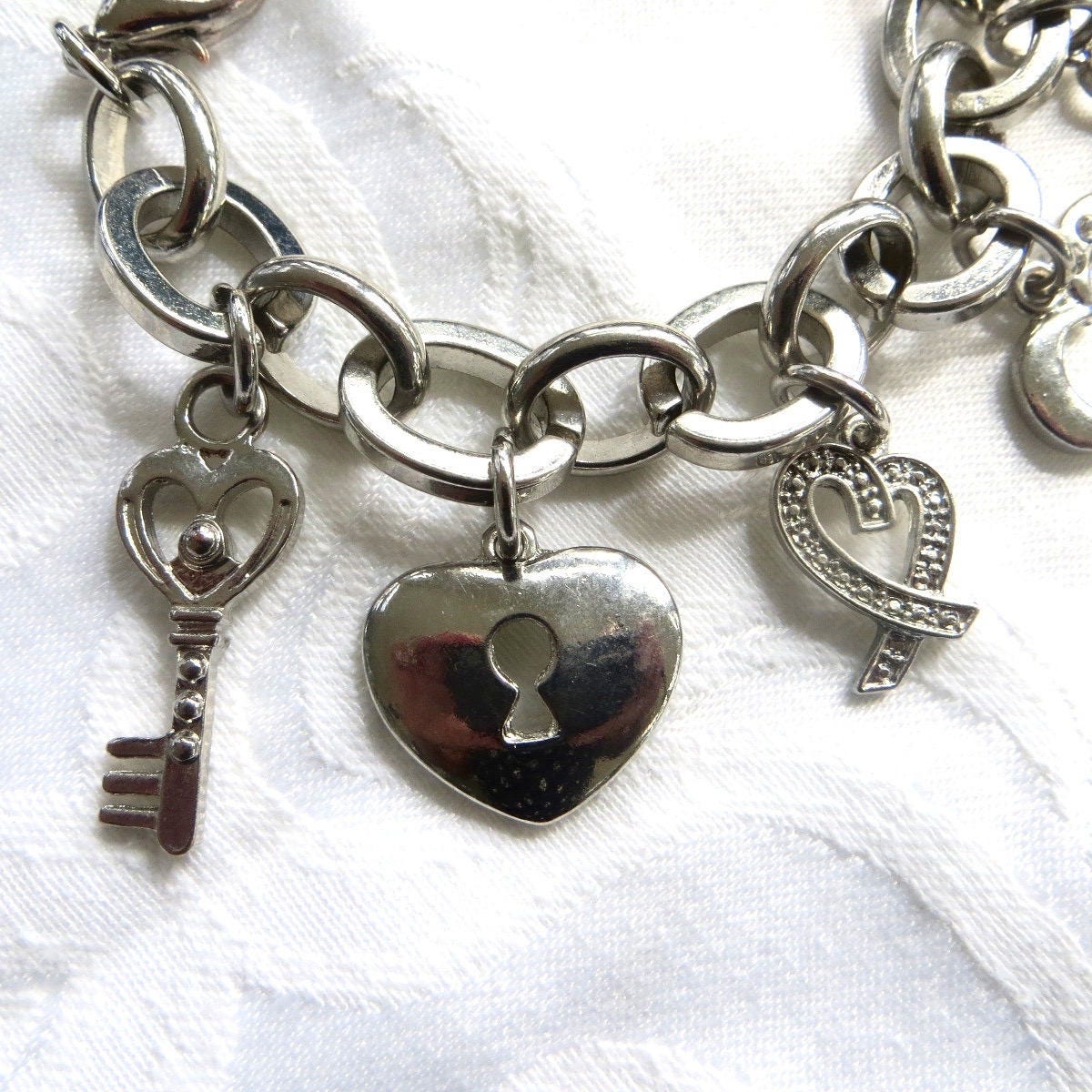 Vintage Charm Bracelet Heart Lock and Key Charms Silver Etsy