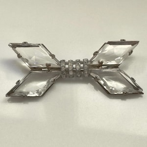 Art Deco Czech Glass Brooch, Clear Faceted Glass Pin, Rhinestone Center,  1920&#39;s 1930s Czech Jewelry