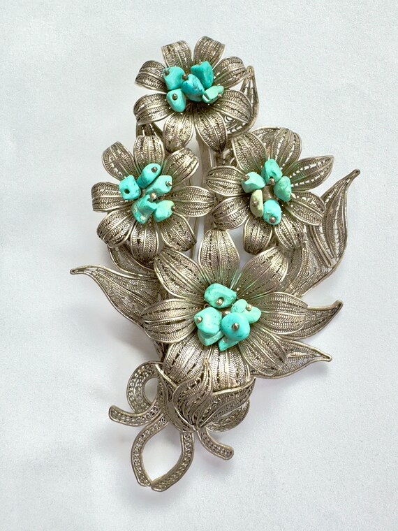 800 Silver Turquoise Floral Brooch, Cannetille Fil