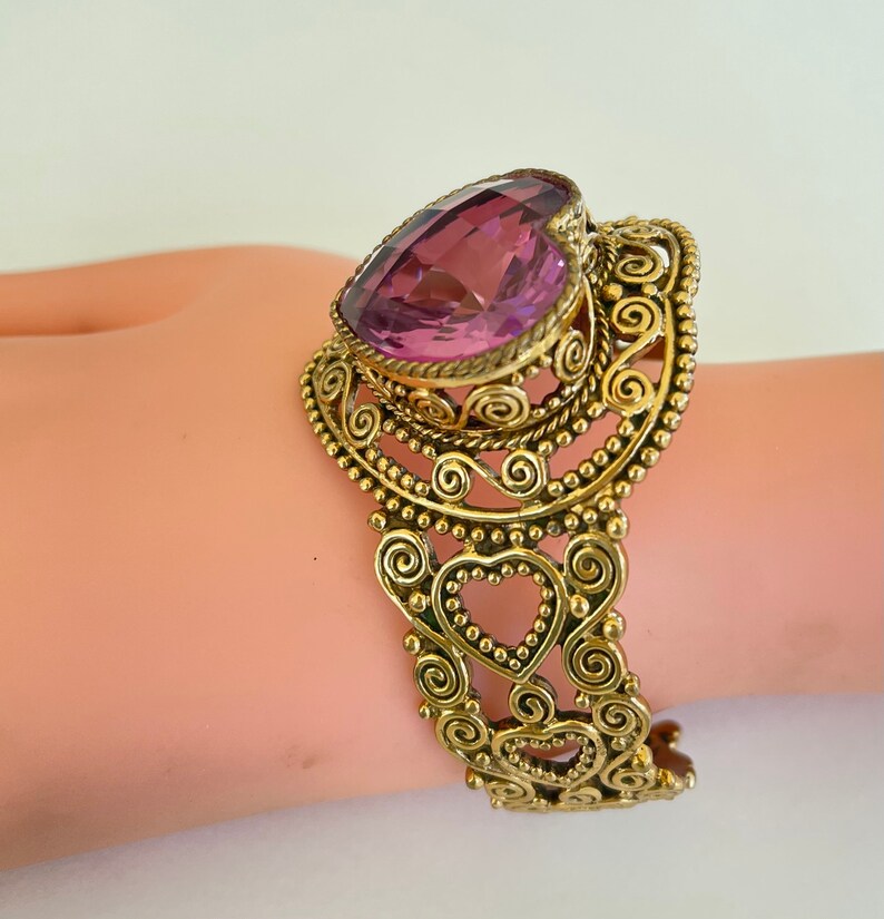 Sajen Gold Filigree Cuff Bracelet Faceted Art Glass Heart Etsy