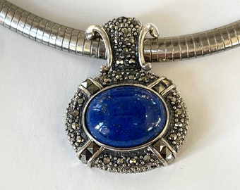 Art Deco Sterling Lapis Lazuli Choker Necklace,  Sterling Lapis Marcasite Enhancer Pendant, Sterling Omega 16 Inch Choker, Estate Jewelry