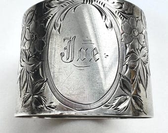 Antiker Jugendstil Serviettenring aus Sterlingsilber, Serviettenhalter aus Sterlingsilber, mit Gravur JOE