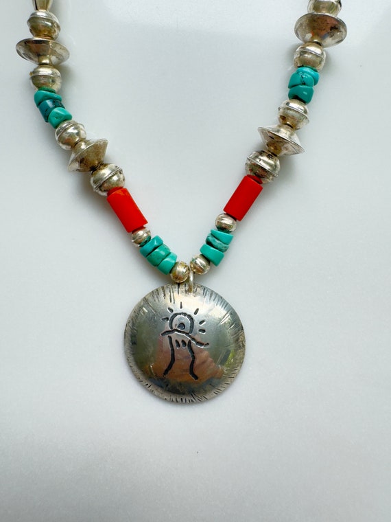 Native American Pendant Necklace, Sterling Coral T