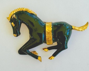 Vintage Enamel Horse Brooch, Trotting Pony, Equestrian Pin