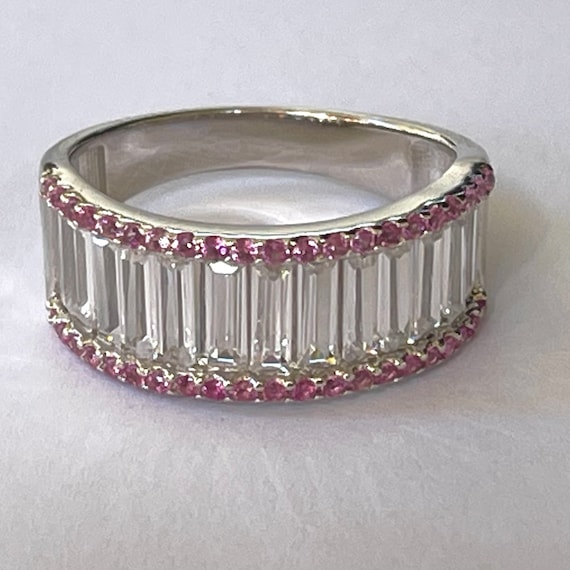 Sterling CZ Ring, Clear Baguette with Round Pink … - image 1