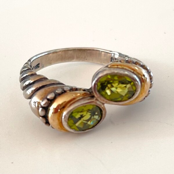 Samuel Benham Peridot Ring, Sterling 14K Gold Bypass Ring, Signed BJC Ring, Size 8 Ring, Vintage Designer Jewelry