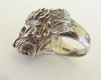 Vintage Roaring Lion Ring, Sterling Lion Ring, Size 9 Ring, Mens Ring, Jungle Animal Jewelry, Lion Jewelry, Heavy Chunky Ring, Gift for Him