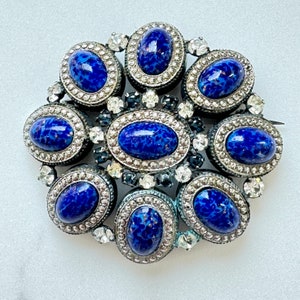 Vendome Marcasite, Art Glass Brooch, Lapis Lazuli Glass, Rhinestone Marcasite Pin,   Vintage Designer Jewelry