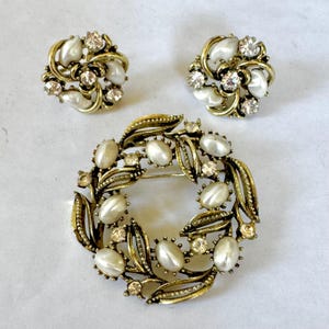 Vintage Lisner PearlRhinestone Brooch Earring Set, Baroque Pearl, Clear Rhinestone, Clip Earrings, Mid Century Rhinestone Pin, 1960s Jewelry