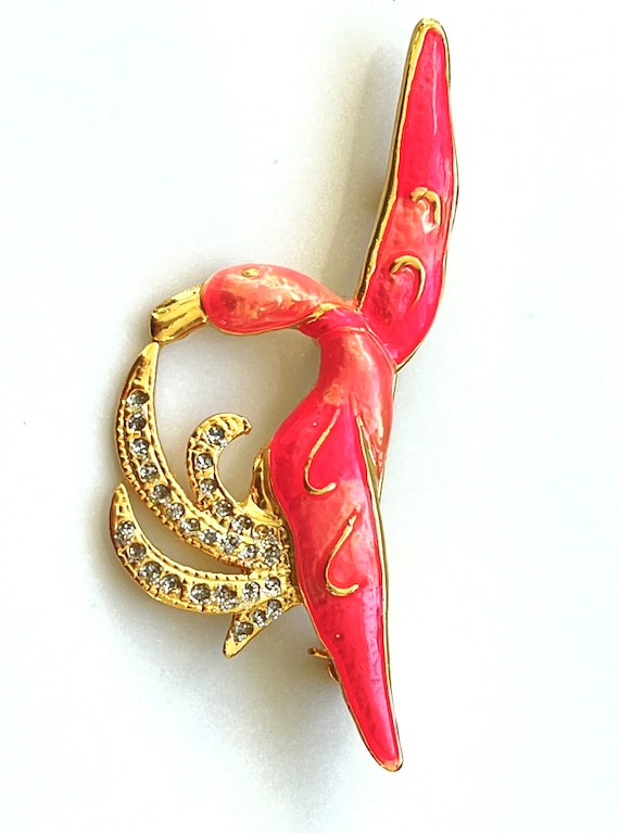 Vintage Pink Flamingo Brooch, Rhinestone  Enamel F