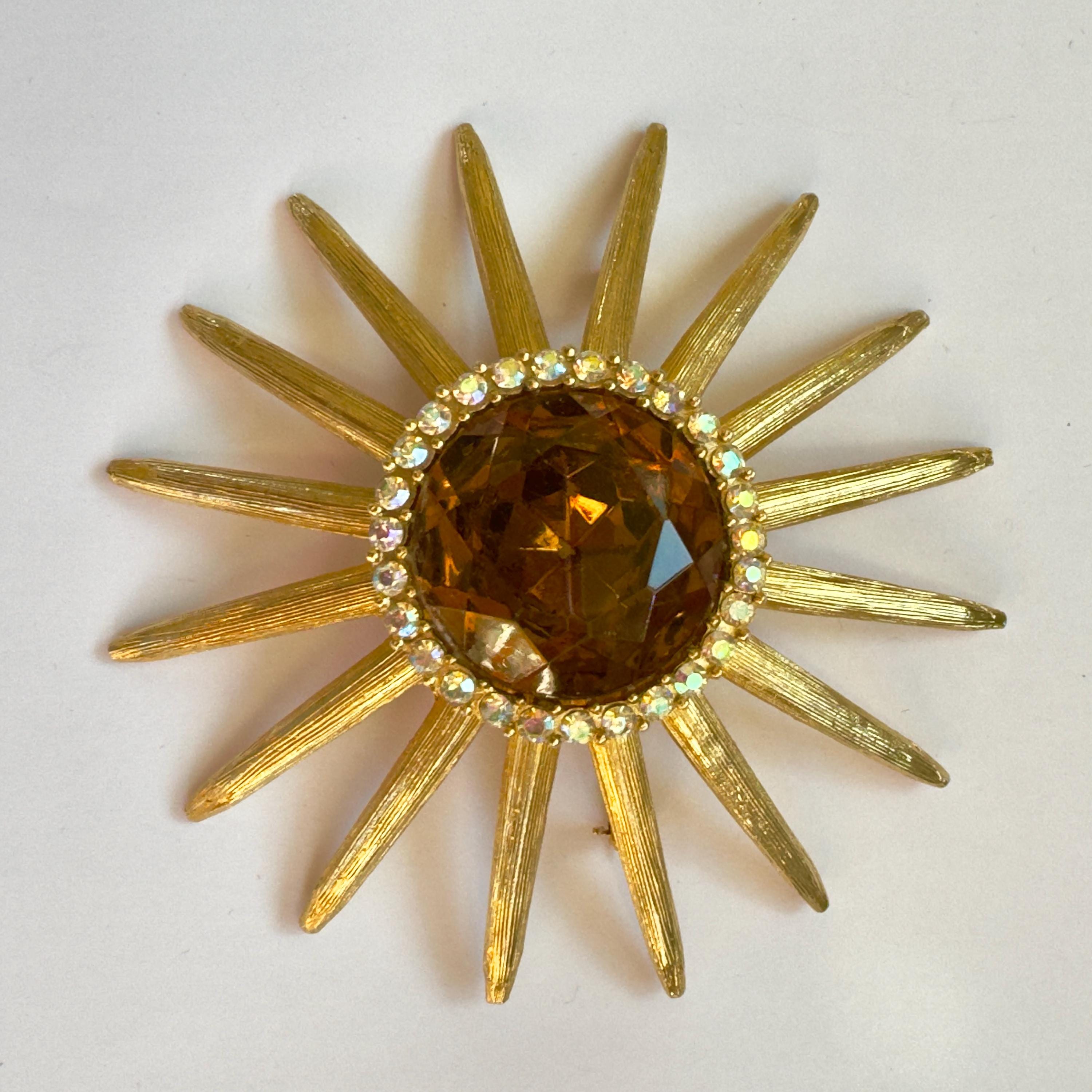 Vintage Atomic Sunburst Brooch, Mid Century Celestial Sun Pin
