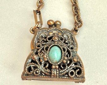 Filigree Purse Pendant, Chatelaine Purse, Turquoise Stone, Pill Case, Pill Purse Vintage Victorian Revival Jewelry, Gift for Her