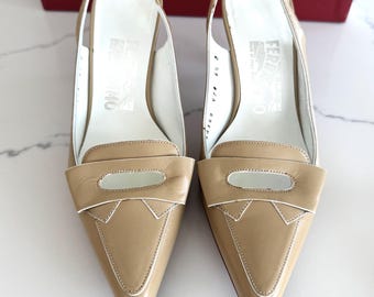 Vintage Salvatore Ferragamo Slingback Pumps, Taupe Calfskin Leather, Size 6.5
