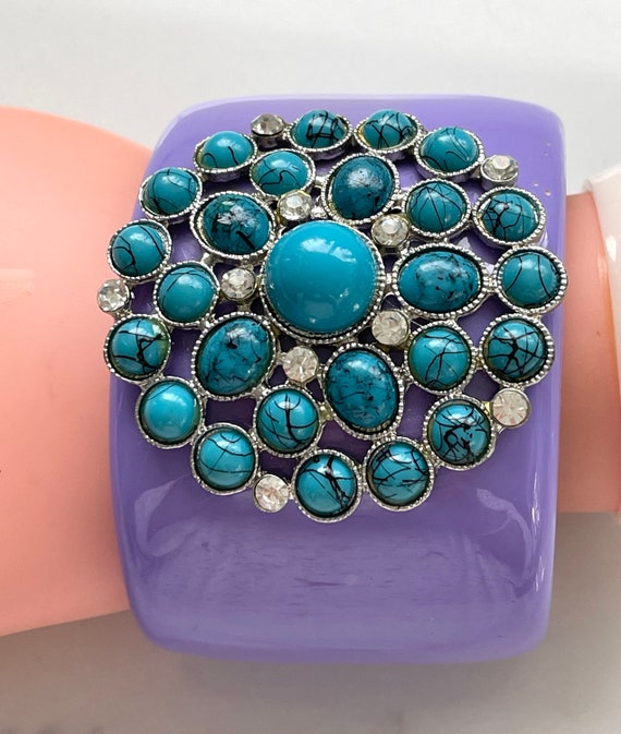 Lucite Rhinestone Cuff, Purple Turquoise Cuff, Fu… - image 5