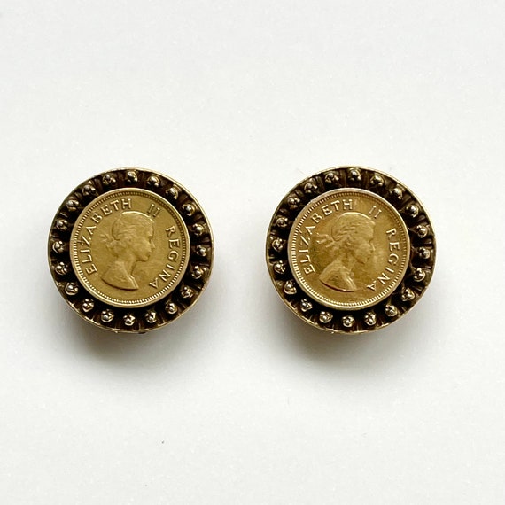 Coro Elizabeth ll Coin Earrings, Mid Century Hera… - image 1