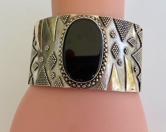 Vintage Sterling Bali Cuff Bracelet, Onyx Center Stone, Geometric Granulation Beading,  Gold Wash, Fabulous Statement Bracelet