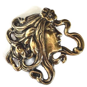 Art Nouveau Lady Brooch, Swirling Tresses of Hair, Mucha Style, Vintage Art Nouveau Jewelry