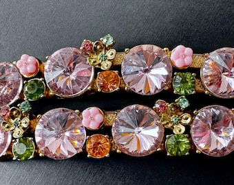 Vintage Betsey Johnson Rivoli Rhinestone Statement Bracelet, Pink Rivoli Rhinestones, Floral Theme, Magnetic Close