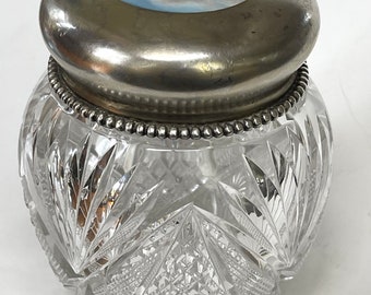 Antique Vanity Jar, Sterling Silver Lid, Enamel Cherub, Galt & Bro., Cut Glass Jar, Antique Powder Jar, Vanity Jar, Jewelry Jar, AS IS