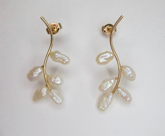 14K Gold Rice Pearl Earrings, Delicate Pearl Drop