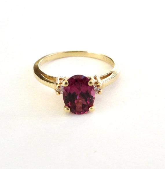 Vintage 14K Garnet Solitaire Ring Diamond Accents High | Etsy