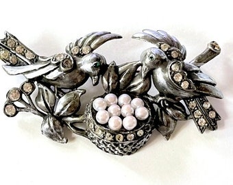Victorian Birds with Nest Brooch, Paste with Faux Pearls, Antique Bird Pin, Silver Paste Pin, Antique Bird Jewelry, Bird Pin, Bird Brooch