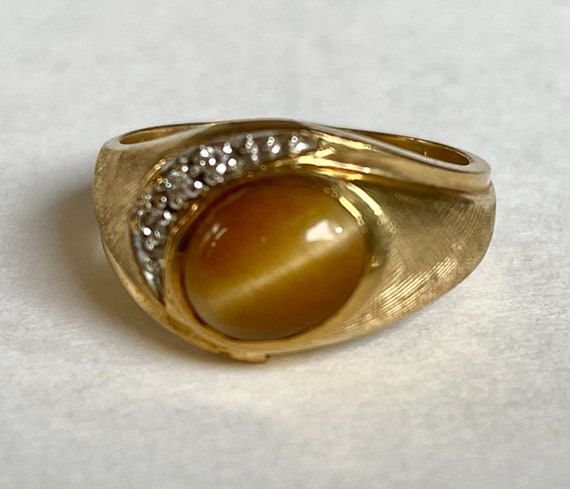 14K Gold Tiger Eye Diamond Ring, Size 9.5, Unisex