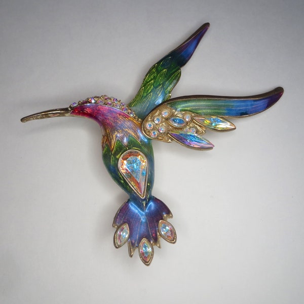 Vintage Hummingbird Brooch, Signed Graziano, Enamel and Aurora Borealis Hummingbird Pin, Bird Jewelry