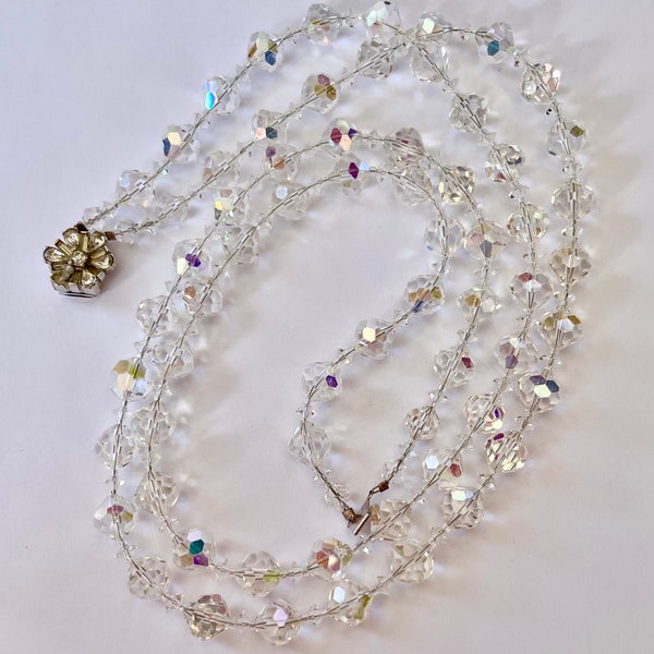 Antique Art Deco Rock Crystal Necklace, 1920s Double Strand, Clear Quartz Faceted Bead Necklace, Wedding Necklace, Spectacular Sparkle
