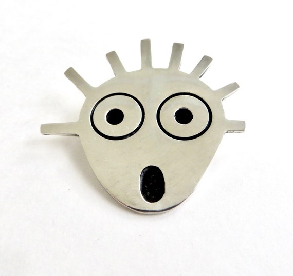Vintage Sterling Face Brooch, Expressive Face Pin,
