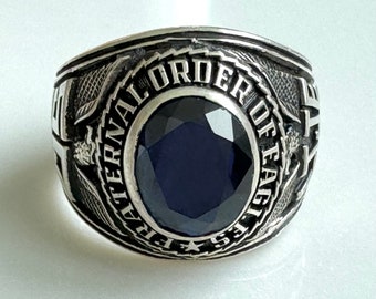 Fraternal Order of Eagles Ring, 50 Years, Sterling Sapphire FOE Ring,  Vintage Fraternal Jewelry, Size 12.5 Ring