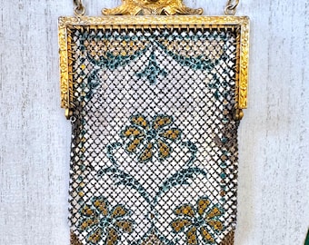 Monedero de malla mandala Art Déco, esmalte verde dorado, marco ornamentado, bolso antiguo