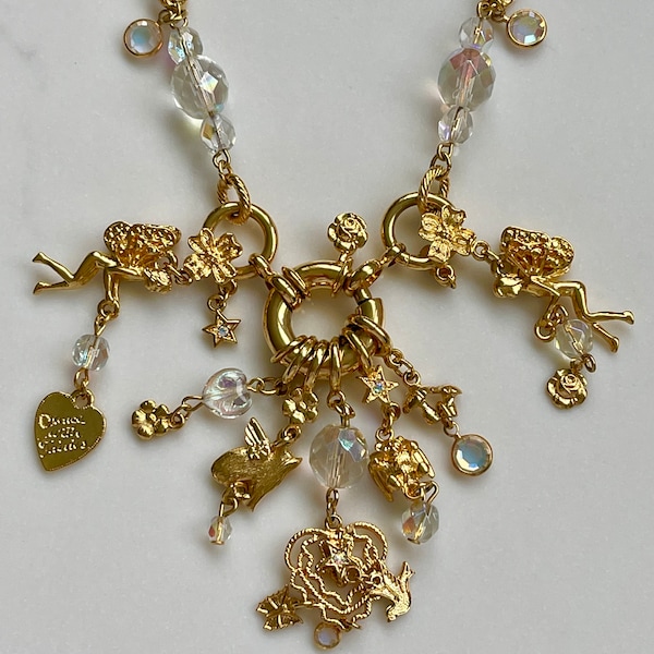 Vintage Kirks Folly Charm Necklace, Dance with Fairies, AB Crystals and Charms, Retired Kirks Folly Jewelry, Fairy Gift for Her