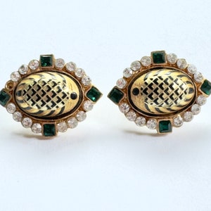 Egyptian Revival Scarab Earrings, Rhinestone Glass Accents, French Clip Pierced Earrings, Vintage Estate Jewelry
