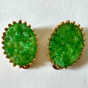 Jomaz Peking Glass Earrings, Joseph Mazer Jade Clip Earrings, Vintage Mid Century Jewelry, Designer Signed