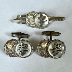 Vintage Sterling Akoya Perle Manschettenknopf Krawattenstab Set, asiatisches Langlebigkeitssymbol