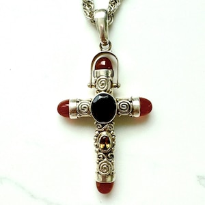 Sajen Sterling Jeweled Cross Pendant Necklace, Heavy Sterling Wheat Chain , 29 Inch Chain, Vintage Sajen Jewelry, Spiritual Cross Necklace