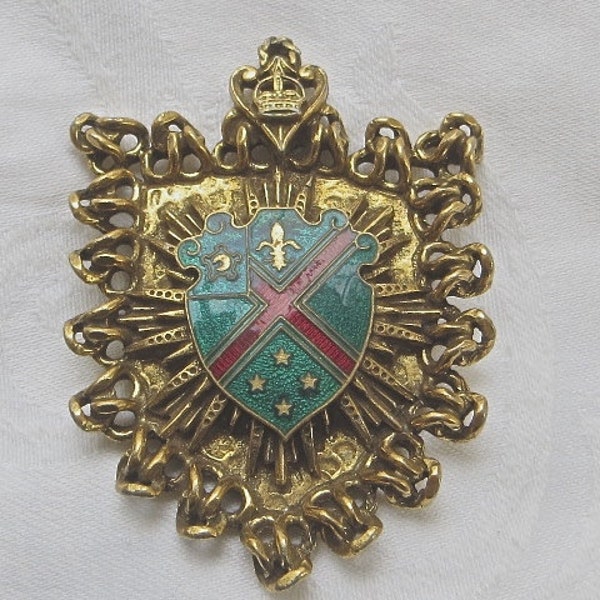 Vintage Heraldic Brooch Crown and Fleur de Lis French Style Pin Family Crest and Shield