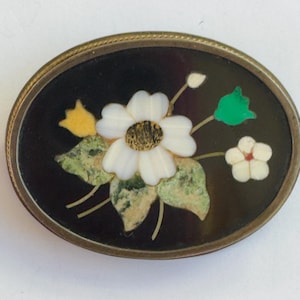 Antique Victorian Pietra Dura Brooch, Antique Mosaic Inlay Pin, Floral Design, 800 Silver, Antique Estate Jewelry