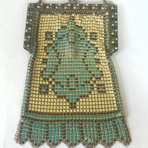 Antique Art Deco Whiting Davis Mesh Purse, Turquoise Cream Mesh Bag, Ornate Enamel Frame,  Antique Whiting and Davis Mesh Handbags