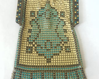 Monedero antiguo de malla Art Déco Whiting Davis, bolso de malla turquesa y crema, marco de esmalte ornamentado