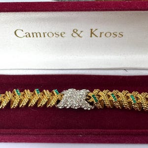 Camrose and Kross Jackie Kennedy Bracelet, JBK Gold Green Clear Pave Crystal Bracelet with Extender, Original Box, Papers, Designer Signed
