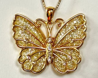 Jacmel Mauritus JCM Butterfly Pendant Necklace, Gold Over Sterling Crytal Butterfly Necklace, 18 Inch Chain, Vintage Butterfly Jewelry Gift