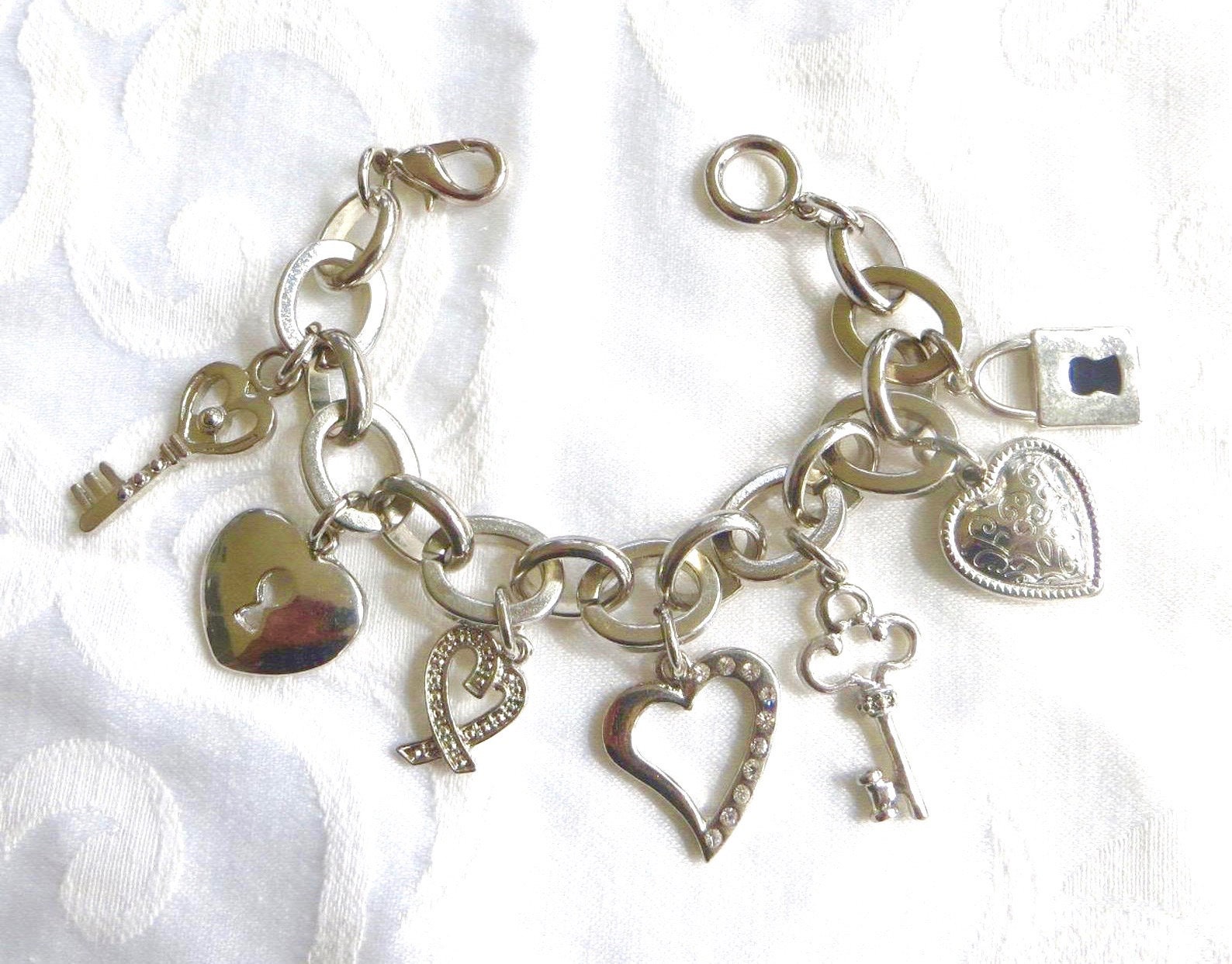 Vintage Charm Bracelet Heart Lock and Key Charms Silver Etsy