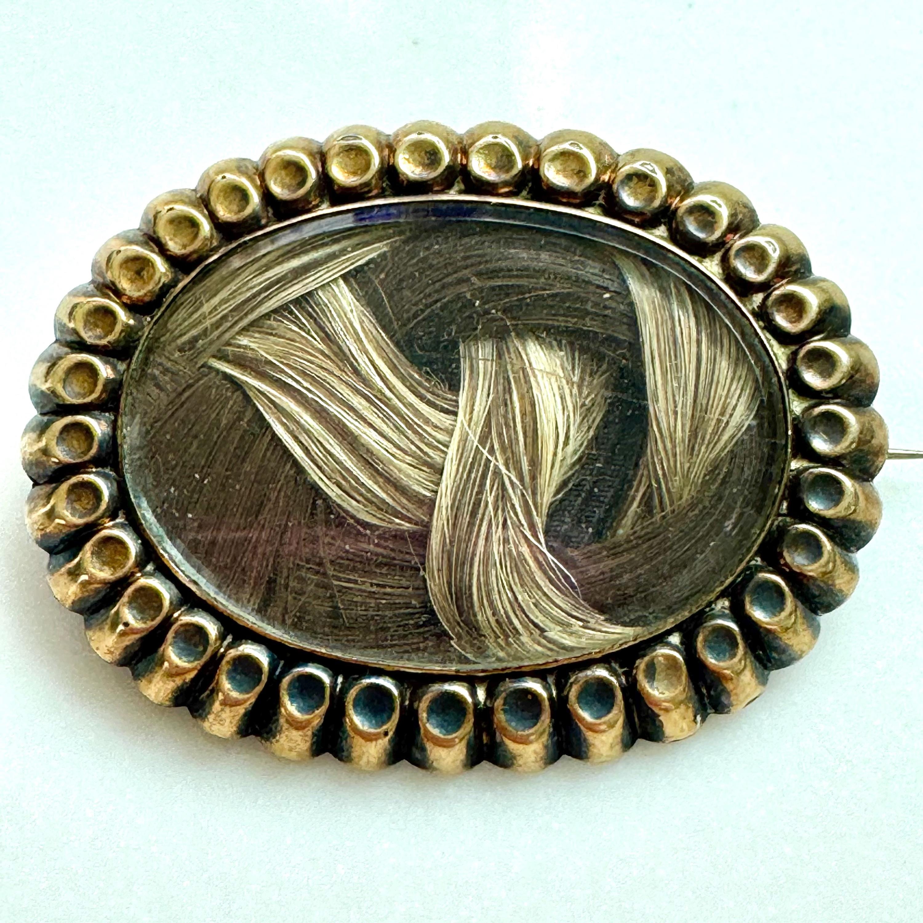 Brocante Broche Géorgienne De Deuil En Or 15k - Travail De Cheveux (hairwork), émail Bleu, Strass - Occasion