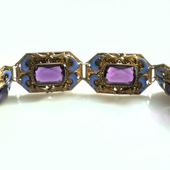 Vintage Czech Glass Bracelet, Amethyst Glass, Blue Champleve