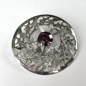 Mizpah Celtic Thistle Brooch,  Amethyst Celtic Scottish Thistle Pin, Signed, Outlander Pin, Vintage Celtic Jewelry