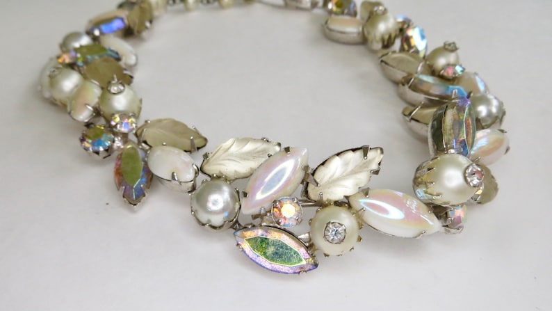 Vintage Kramer Jewelry Kramer Molded Glass Rhinestone Necklace Iridized Glass Pearls Rose Montees Mid Century Jewelry 1960s
