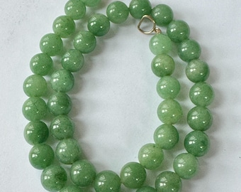 Vintage Aventurine Necklace 17", Natural Green Gemstone Vintage 14K Clasp