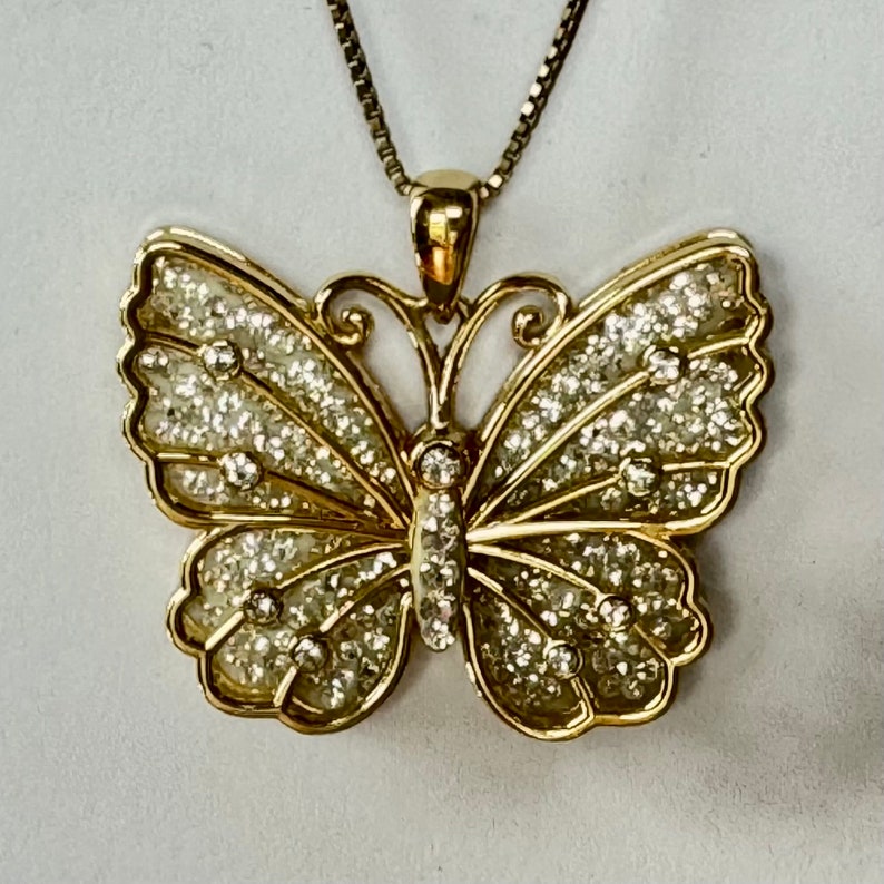 Jacmel Mauritus JCM Butterfly Pendant Necklace, Gold Over Sterling Crytal Butterfly Necklace, 18 Inch Chain, Vintage Butterfly Jewelry Gift image 5